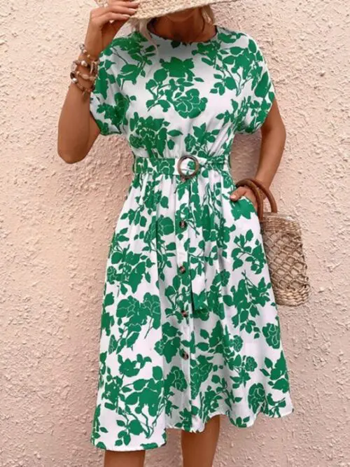 Belted Round Neck Waist Print Dress