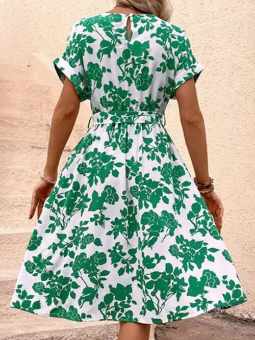 Belted Round Neck Waist Print Dress