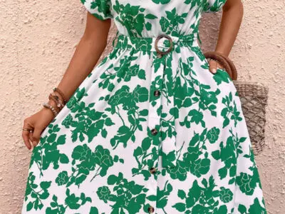 Belted Round Neck Waist Print Dress