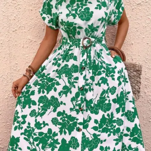 Belted Round Neck Waist Print Dress