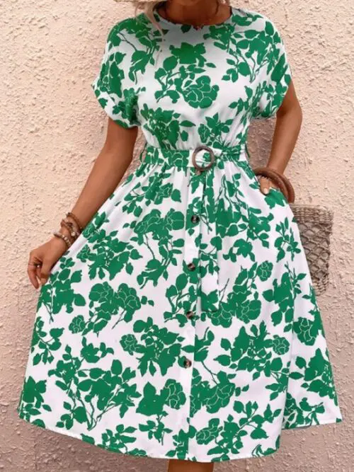 Belted Round Neck Waist Print Dress