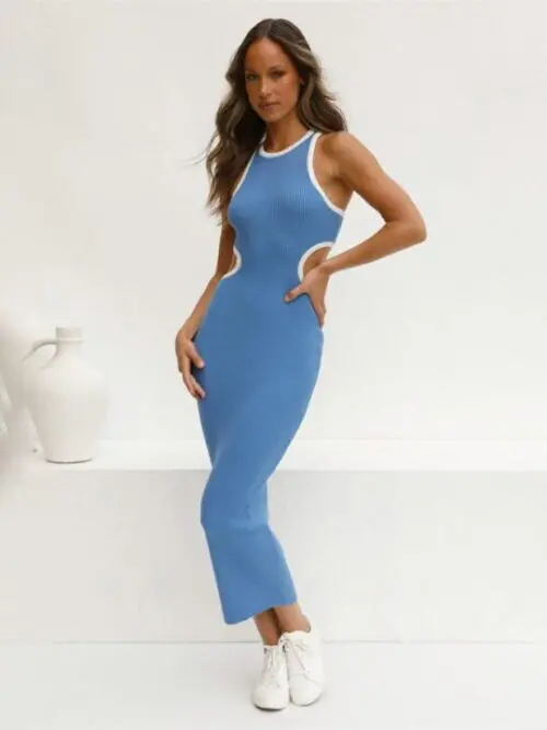 Stylish Round Neck Colorblock Dress with Waist-Defining Elegance