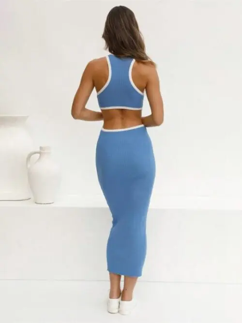 Stylish Round Neck Colorblock Dress with Waist-Defining Elegance