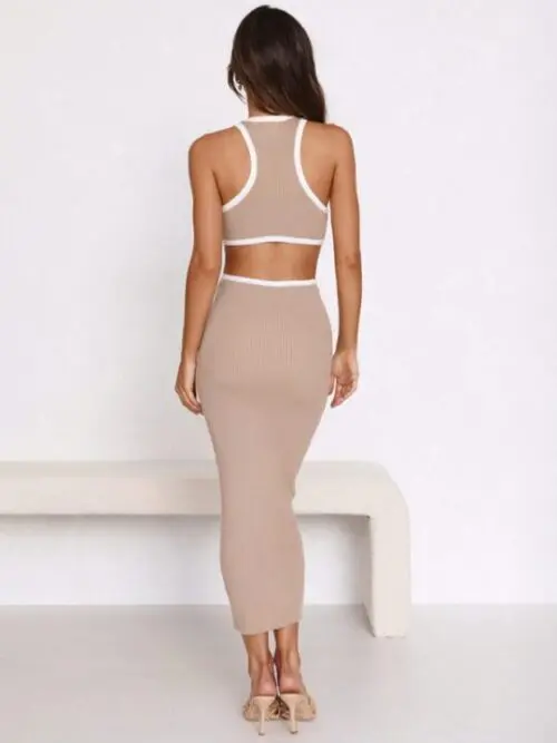 Stylish Round Neck Colorblock Dress with Waist-Defining Elegance