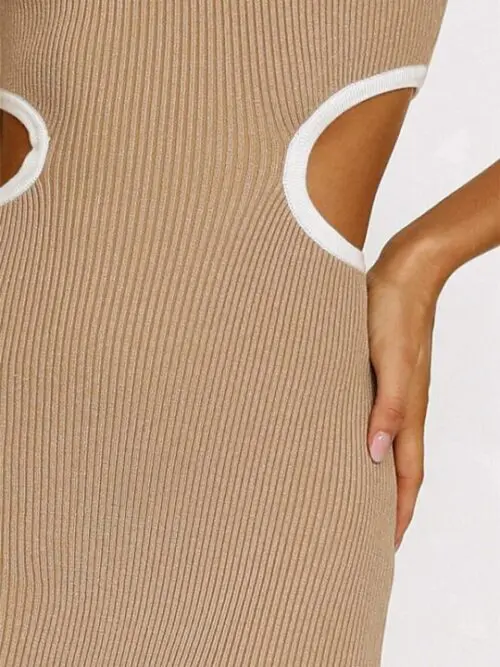 Stylish Round Neck Colorblock Dress with Waist-Defining Elegance