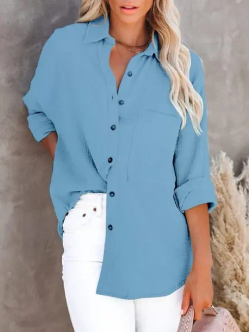 Classic Long-Sleeved V-Neck Button-Down Shirt