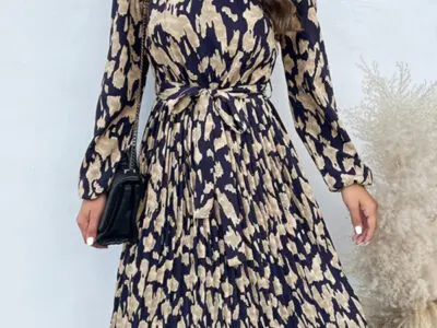 Long Sleeve Dress with Leopard Print Hem and Pleats