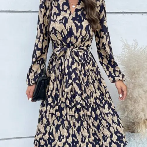 Long Sleeve Dress with Leopard Print Hem and Pleats