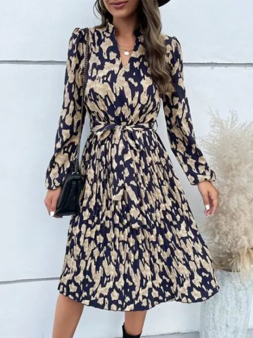 Long Sleeve Dress with Leopard Print Hem and Pleats