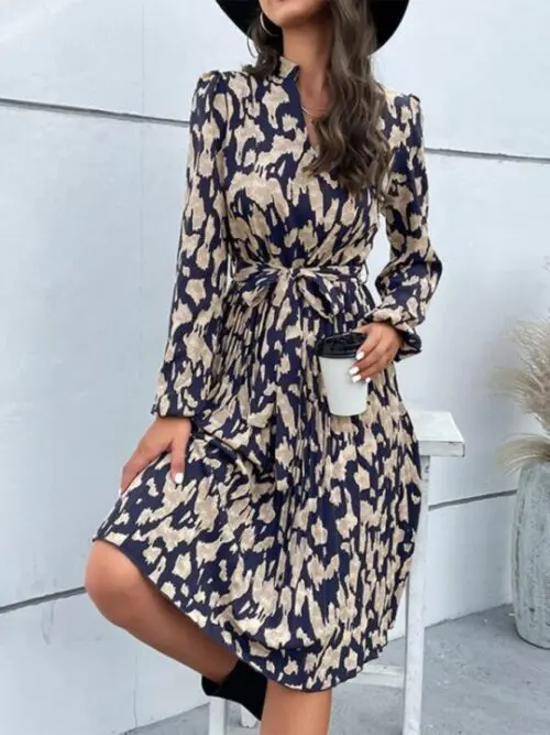 Long Sleeve Dress with Leopard Print Hem and Pleats