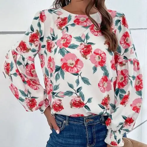 New Round Neck Long Sleeve Floral Shirt Top