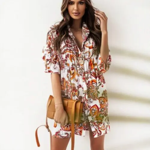Chic Pleated Stand-Up Collar Ruffled Print Dress