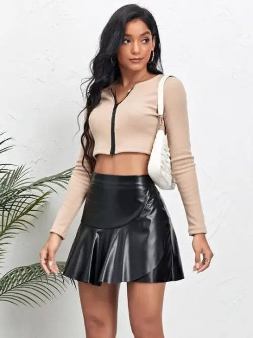 Sexy High-Waist PU Skirt with Ruffle Irregular Detail