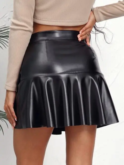 Sexy High-Waist PU Skirt with Ruffle Irregular Detail