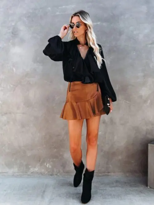 Sexy High-Waist PU Skirt with Ruffle Irregular Detail