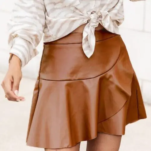 Sexy High-Waist PU Skirt with Ruffle Irregular Detail