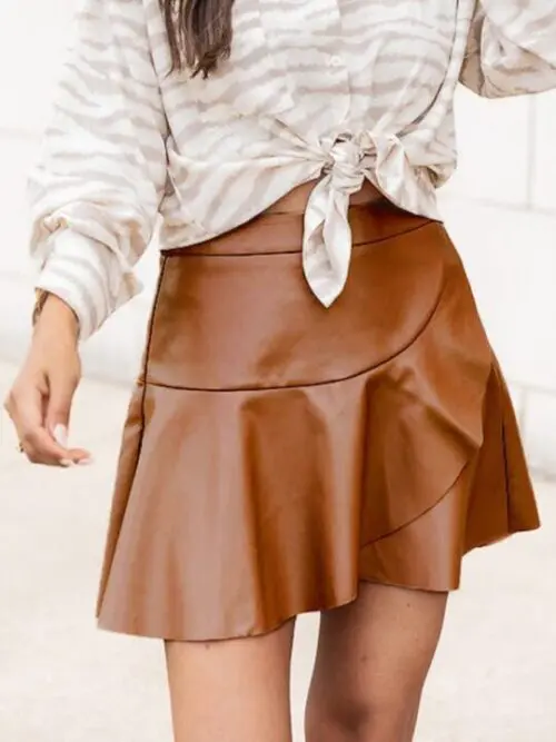 Sexy High-Waist PU Skirt with Ruffle Irregular Detail