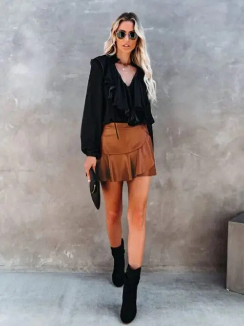 Sexy High-Waist PU Skirt with Ruffle Irregular Detail