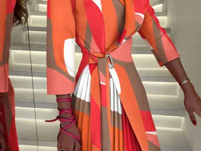 V-Neck Tie Waist Mid-Sleeve Pleated Suit Dress