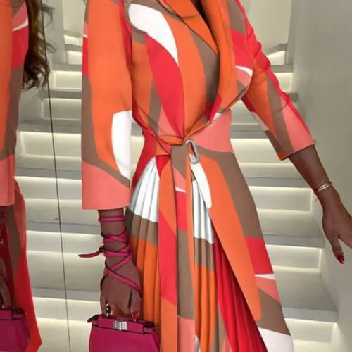 V-Neck Tie Waist Mid-Sleeve Pleated Suit Dress