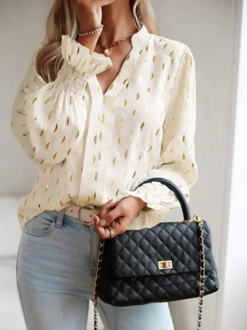 V-neck bronzing polka dot long-sleeved shirt blouse