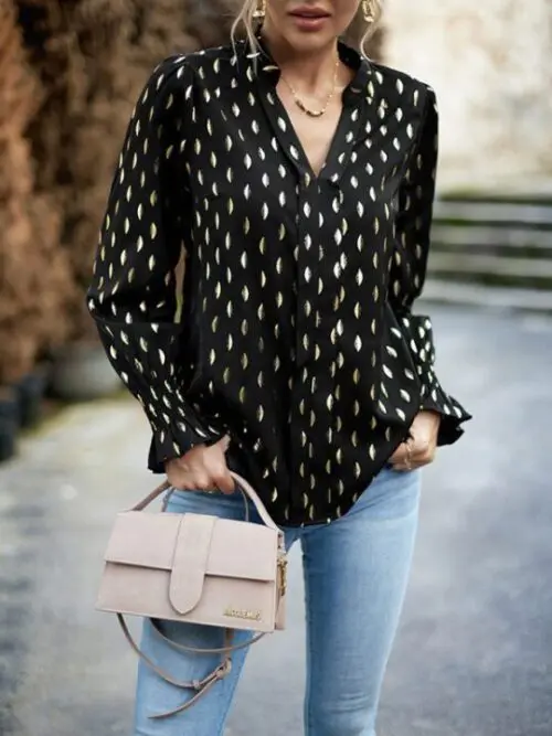 V-neck bronzing polka dot long-sleeved shirt blouse