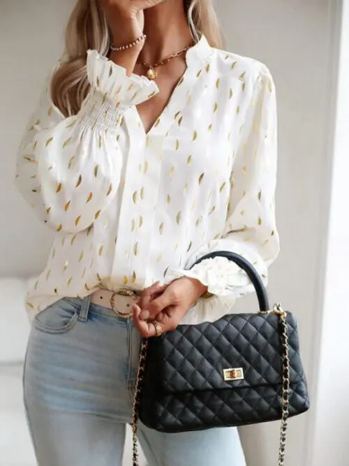 V-neck bronzing polka dot long-sleeved shirt blouse