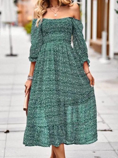 Bohemian Dress Feminine Square Neck Three Quarter Sleeve