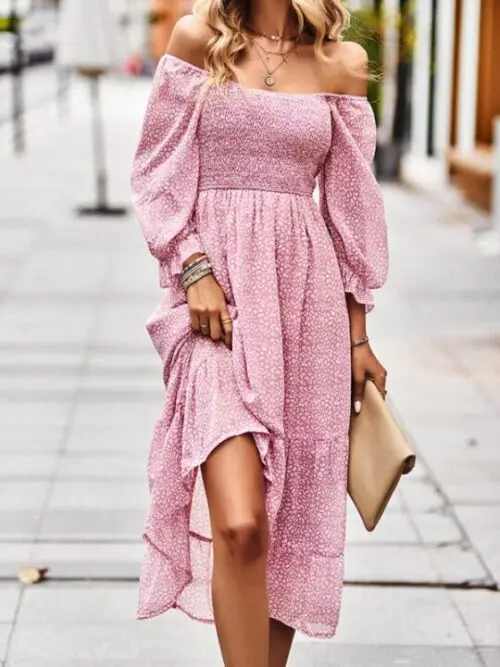 Bohemian Dress Feminine Square Neck Three Quarter Sleeve