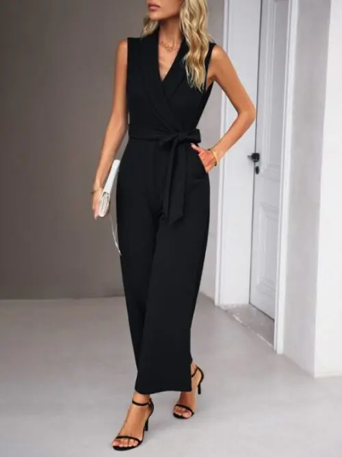 Elegant V-Neck Tie Sleeveless Women’s Commuter Jumpsuit