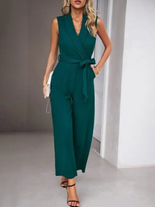 Elegant V-Neck Tie Sleeveless Women’s Commuter Jumpsuit