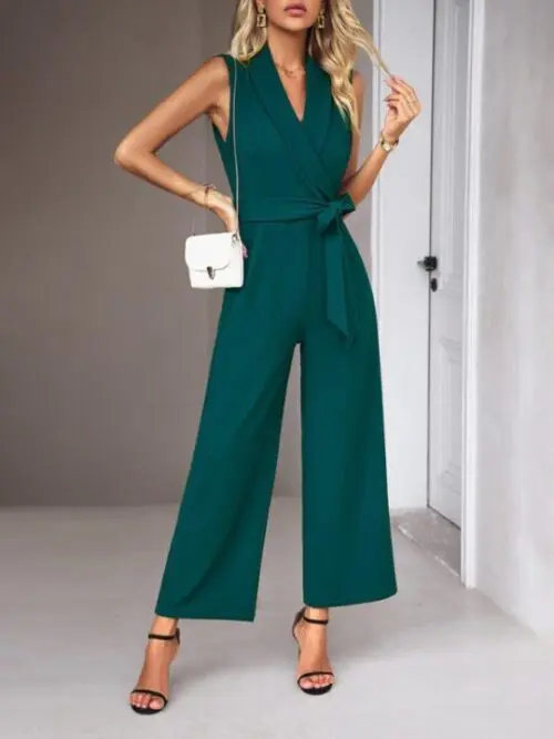 Elegant V-Neck Tie Sleeveless Women’s Commuter Jumpsuit