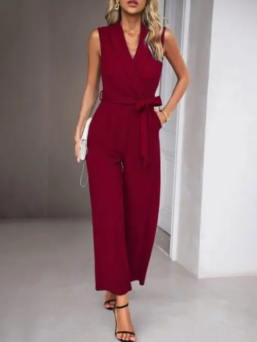 Elegant V-Neck Tie Sleeveless Women’s Commuter Jumpsuit