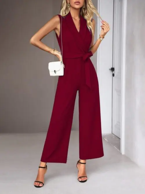Elegant V-Neck Tie Sleeveless Women’s Commuter Jumpsuit
