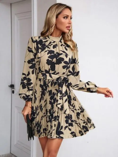 Relaxed Long-Sleeved Round Neck Pleated Dress