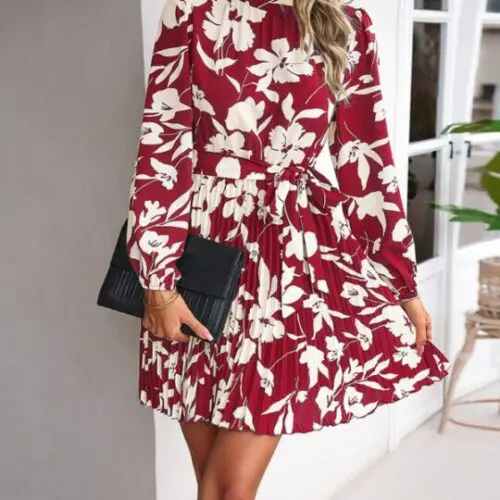 Relaxed Long-Sleeved Round Neck Pleated Dress