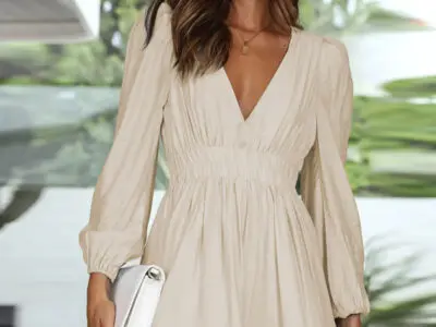 Deep V Neck Dress Long Sleeve Pleated Skirt Splicing Dress
