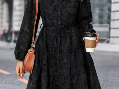 Chic Solid Color Jacquard Long Sleeve Round Neck Dress