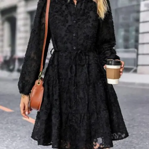 Chic Solid Color Jacquard Long Sleeve Round Neck Dress