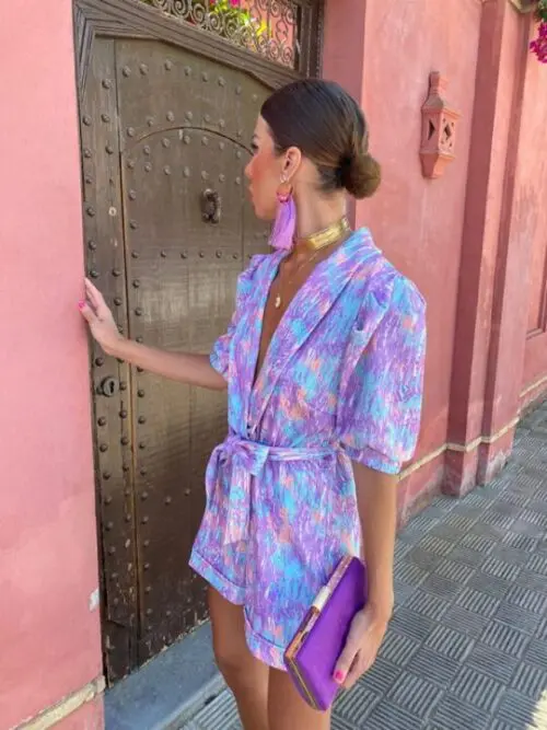 Deep V-Neck Bubble Short-Sleeved Printed Elastic Waist Jumpsuit