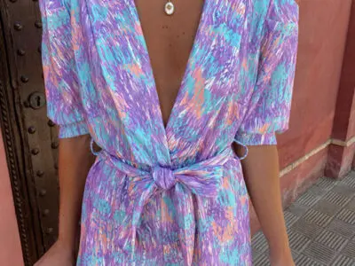 Deep V-Neck Bubble Short-Sleeved Printed Elastic Waist Jumpsuit