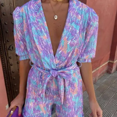 Deep V-Neck Bubble Short-Sleeved Printed Elastic Waist Jumpsuit