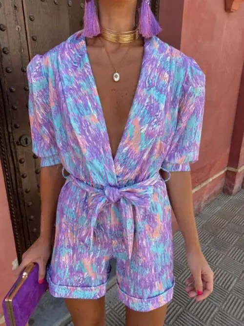 Deep V-Neck Bubble Short-Sleeved Printed Elastic Waist Jumpsuit
