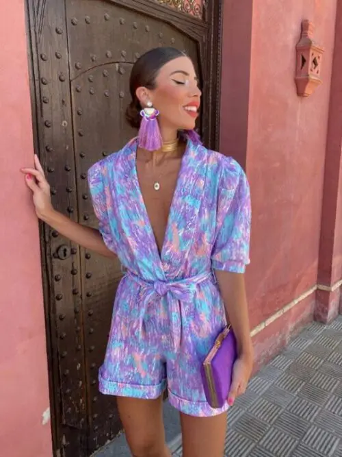 Deep V-Neck Bubble Short-Sleeved Printed Elastic Waist Jumpsuit