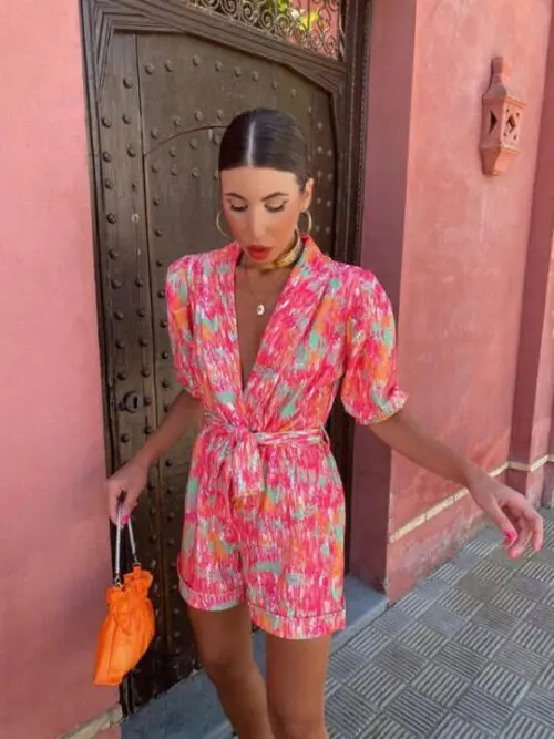 Deep V-Neck Bubble Short-Sleeved Printed Elastic Waist Jumpsuit