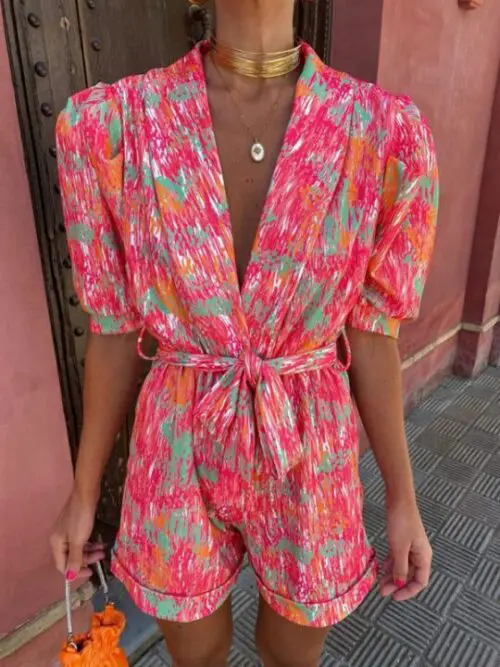 Deep V-Neck Bubble Short-Sleeved Printed Elastic Waist Jumpsuit