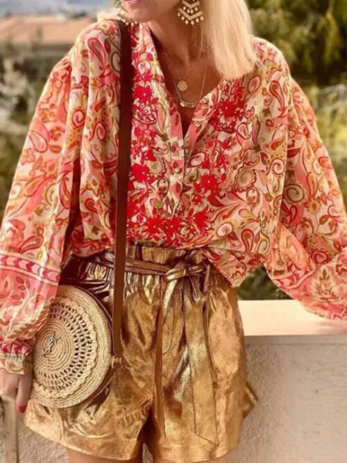 Print Fashion Casual Floral V Neck Button Down Long Sleeve Shirt