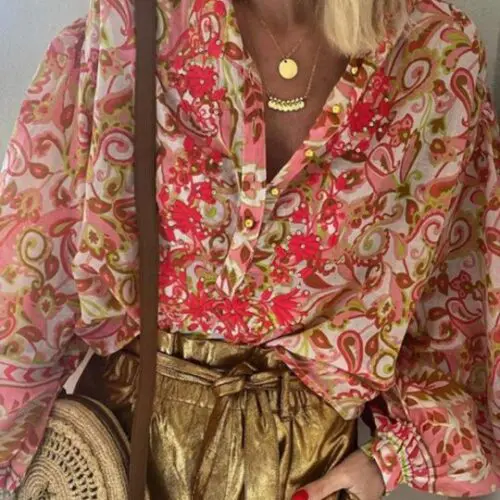 Print Fashion Casual Floral V Neck Button Down Long Sleeve Shirt
