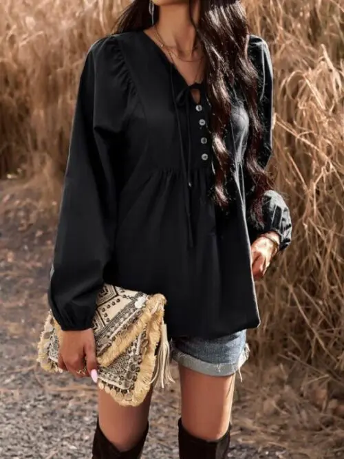 Chic Solid Color V-Neck Long-Sleeved Top for Stylish Commuting