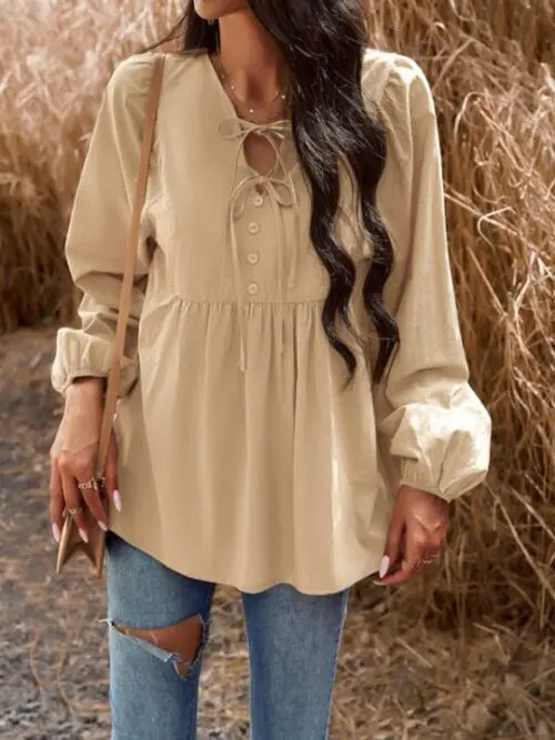 Chic Solid Color V-Neck Long-Sleeved Top for Stylish Commuting